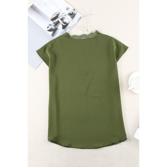 Azura Exchange  Green V Neck Lace Trim T-shirt - Picture 10 of 15
